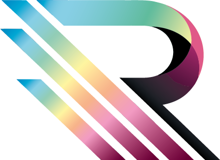 Stilisiertes, mehrfarbiges „R“-Logo mit diagonalen Streifen in Türkis, Gelb, Rosa und Schwarz