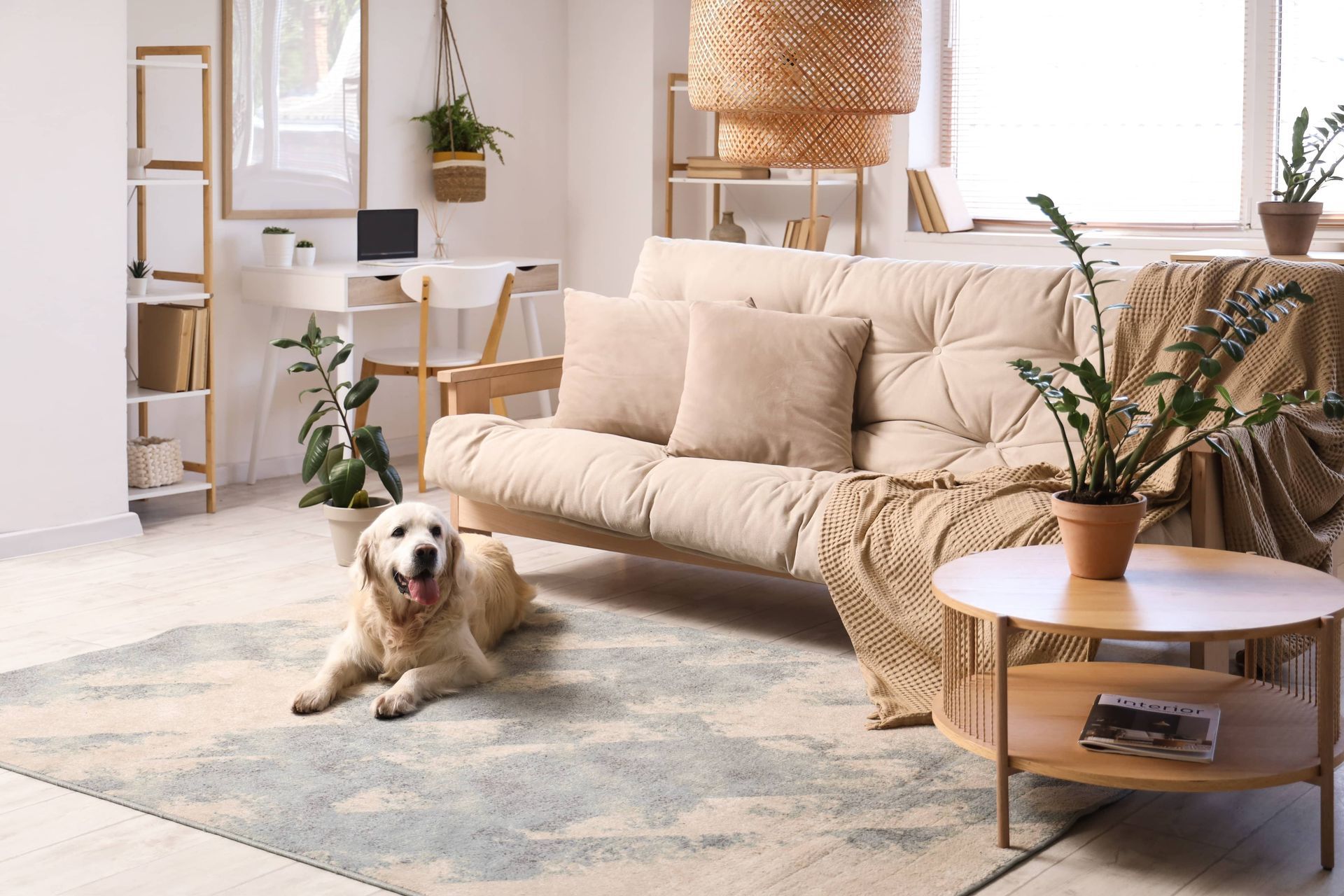 Golden retriever dog on a rug in a bright living room with beige sofa, plants, and round table.