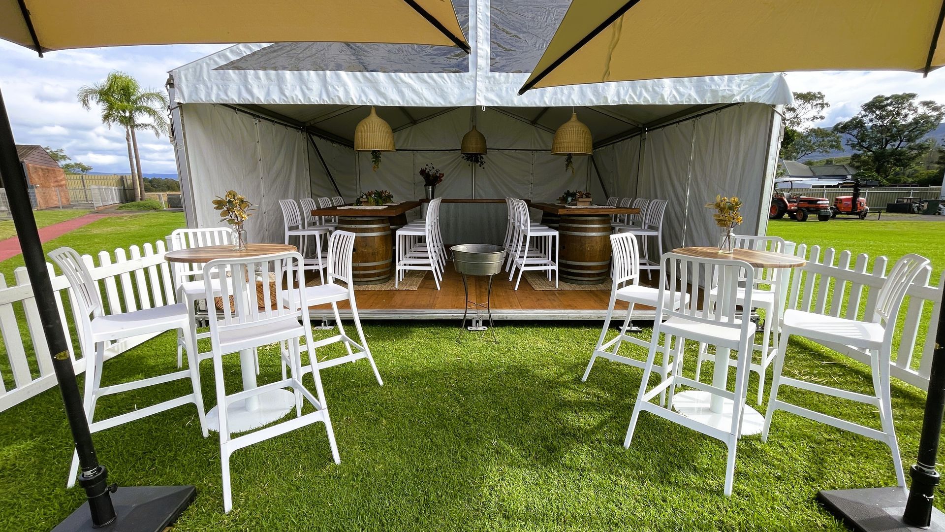 6m Hoecker Race Day Marquee Structure
White Roofs, White Walls, Clear Gable