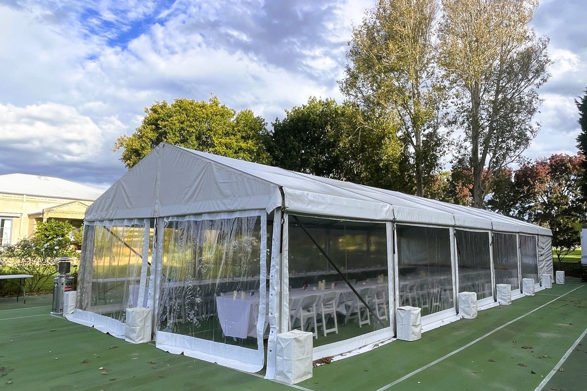 6m Hoecker Wedding Marquee Structure
White Roofs, Clear Walls
Catering Bay, Weighted