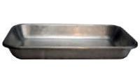 A stainless steel tray on a white background.