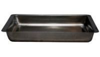 A stainless steel pan with a black handle on a white background.