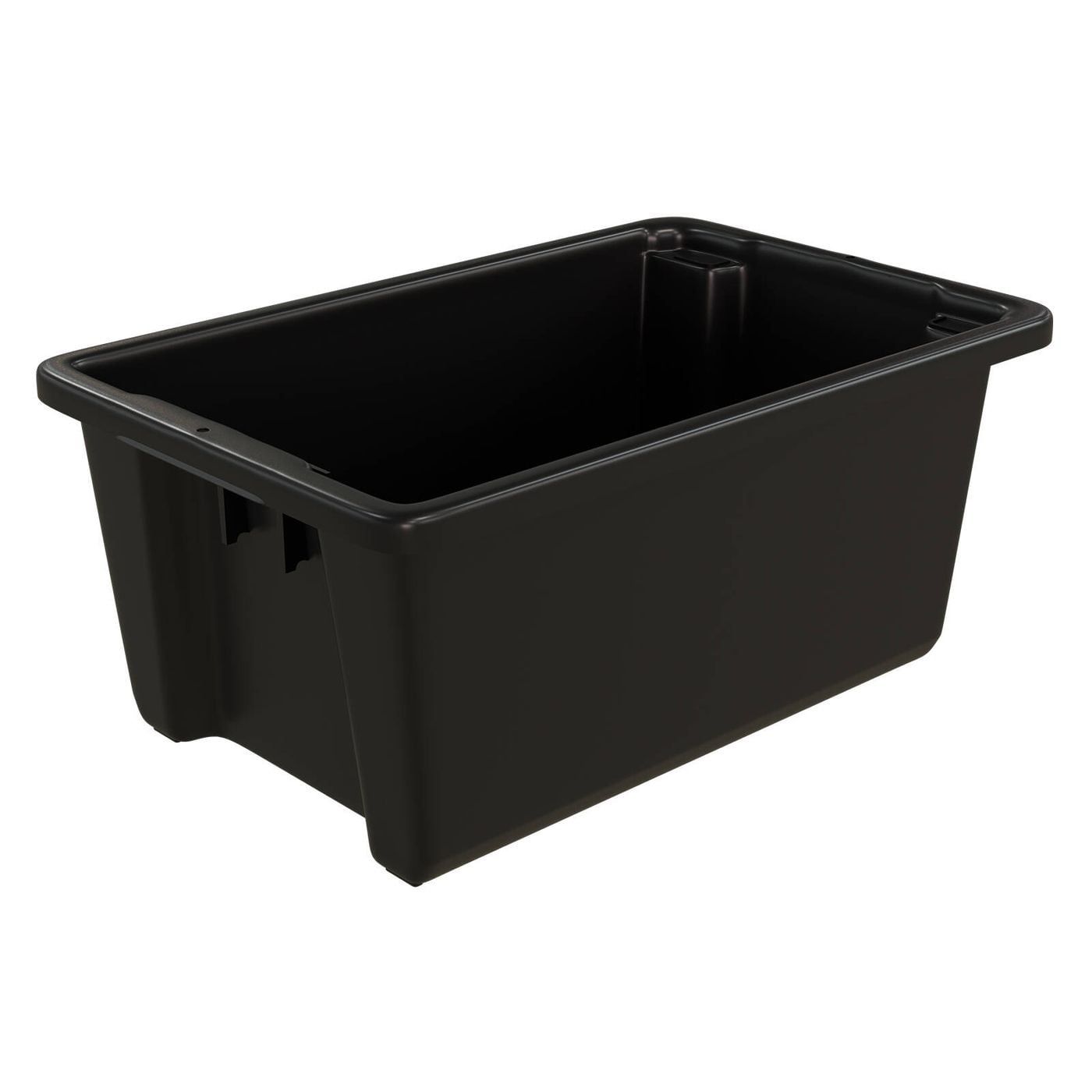 A black plastic container with a handle on a white background.