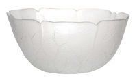 A white bowl with a floral design on it is on a white background.