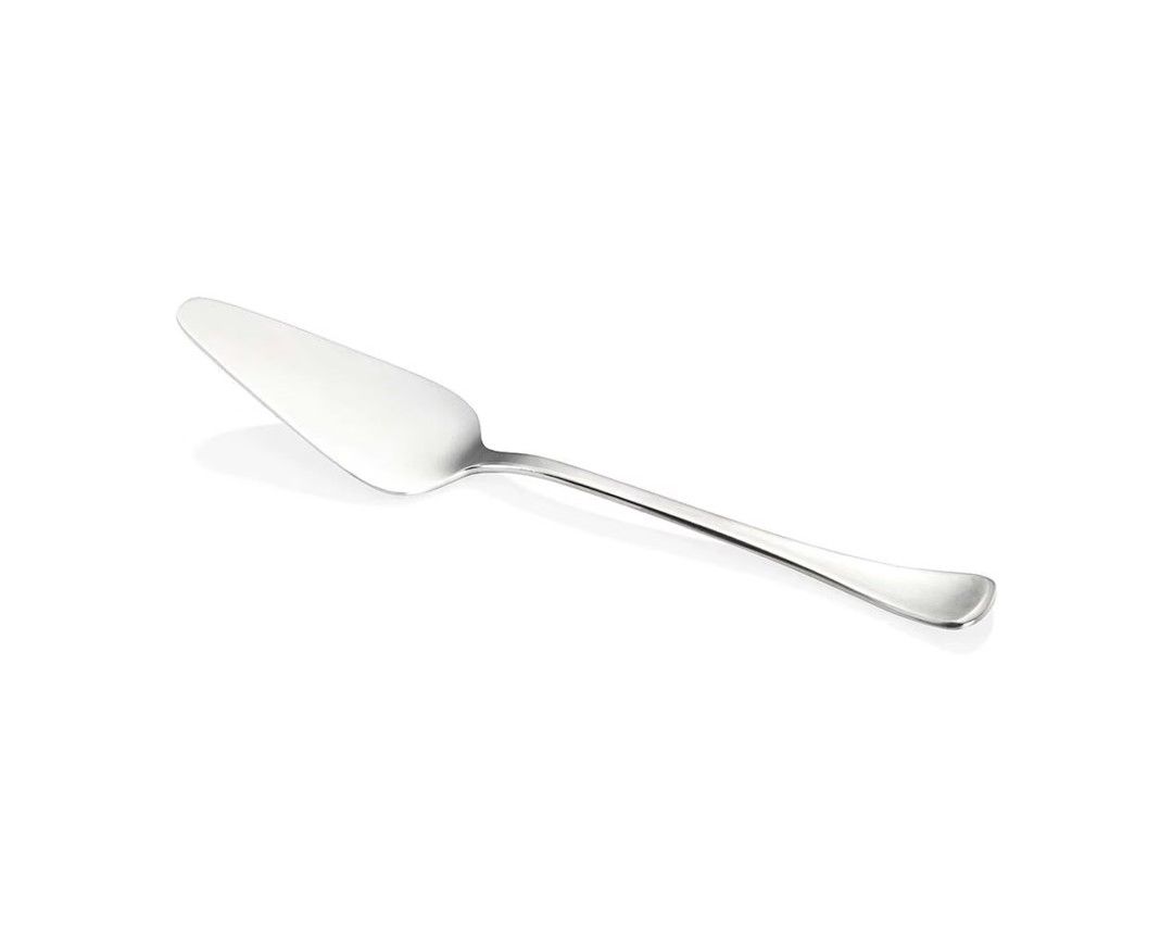 A cake spatula with a long handle on a white background.