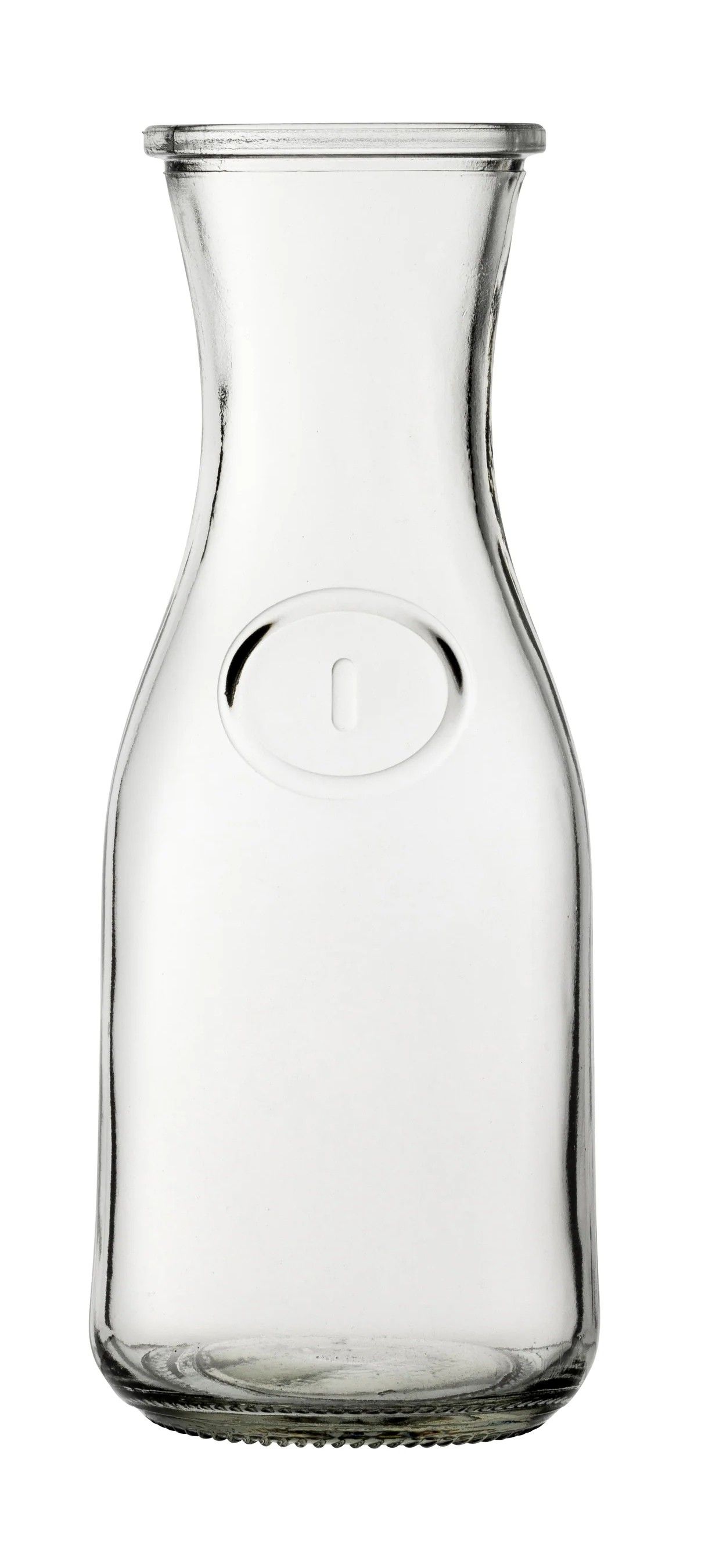 A clear glass bottle with a handle on a white background.