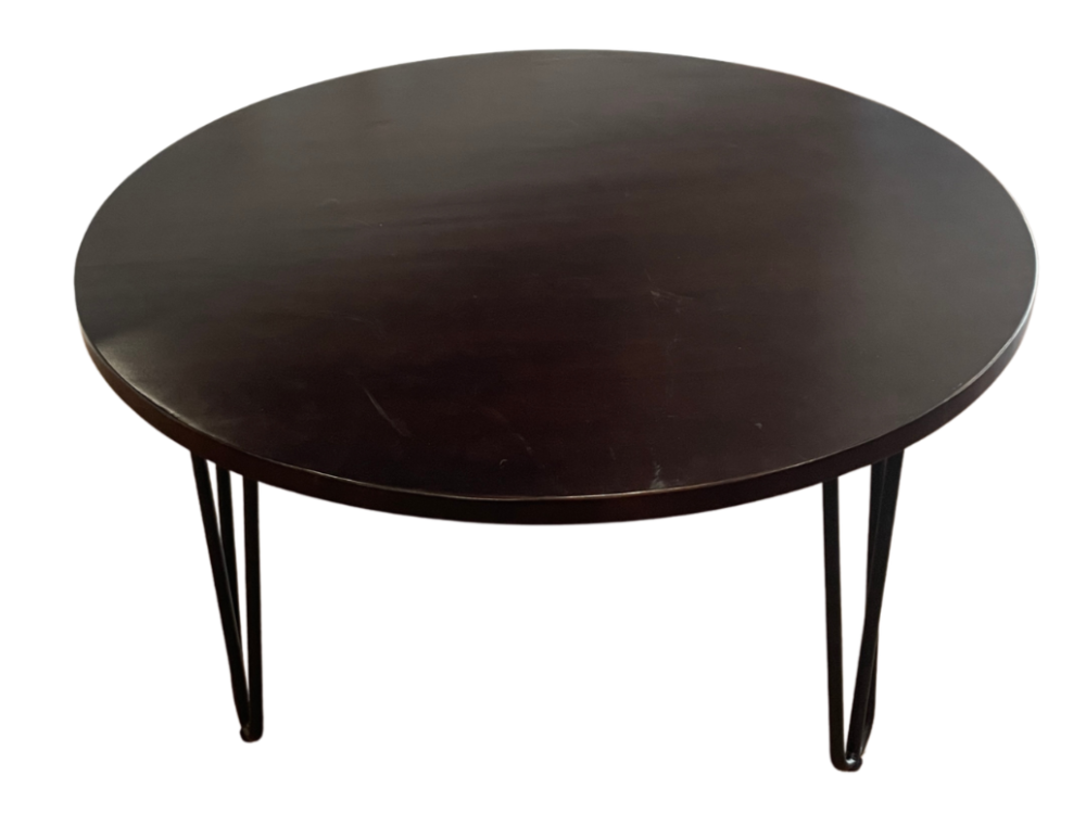 An 80cm round timber dark stain coffee table with hair pin legs. Perfect accompaniment for the Chesterfield Sofa Setting