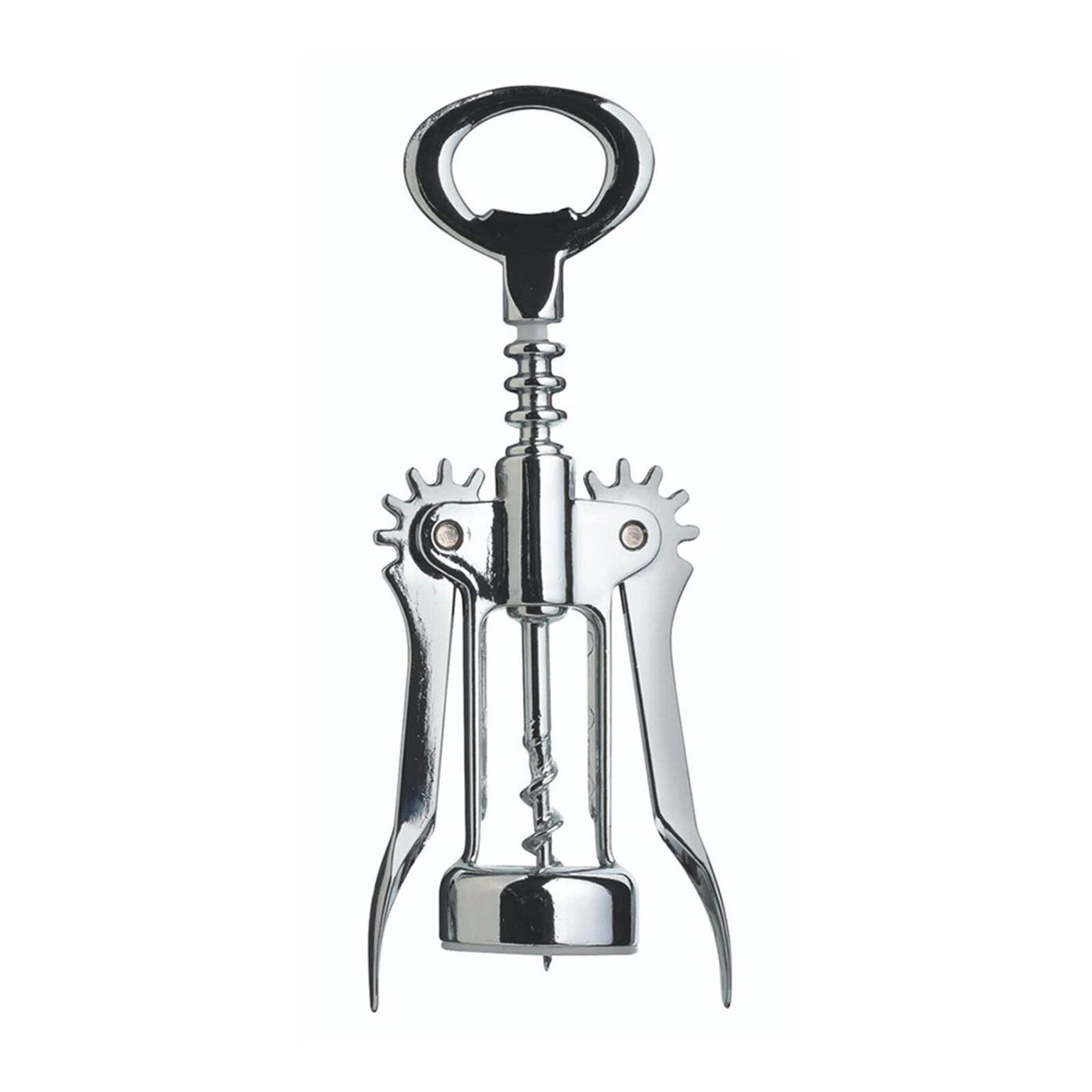 A close up of a corkscrew on a white background.