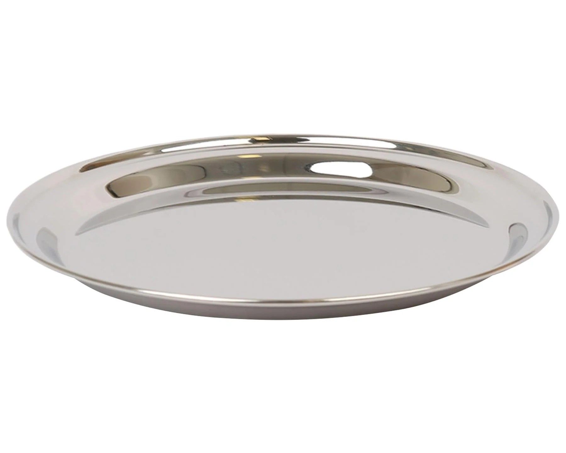 A stainless steel tray on a white background.