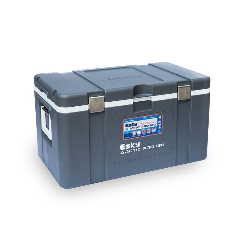 A gray and white cooler with the lid open on a white background.