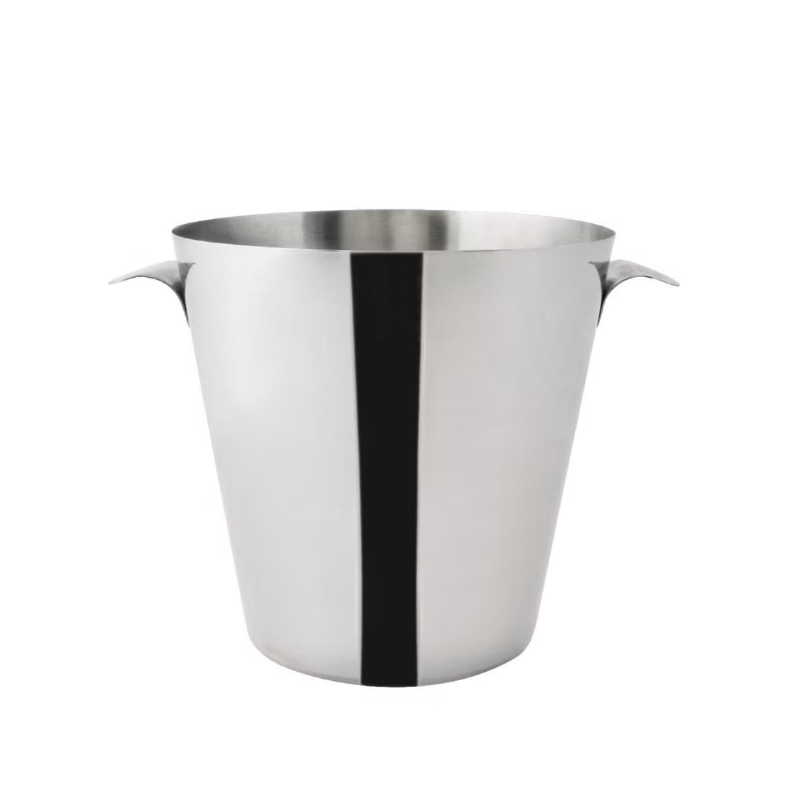 A stainless steel bucket with two handles on a white background.