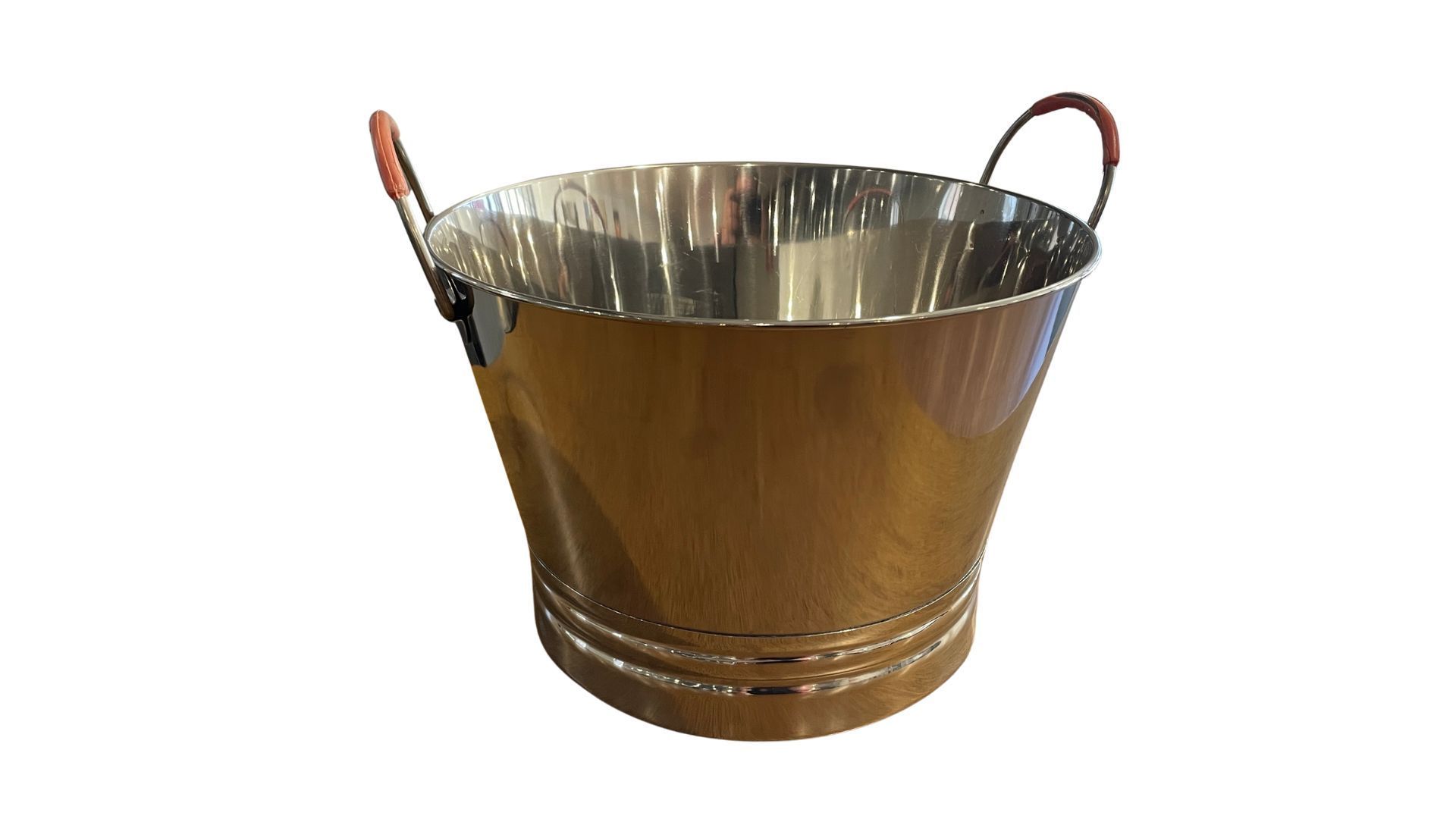 A stainless steel bucket with red handles on a white background.