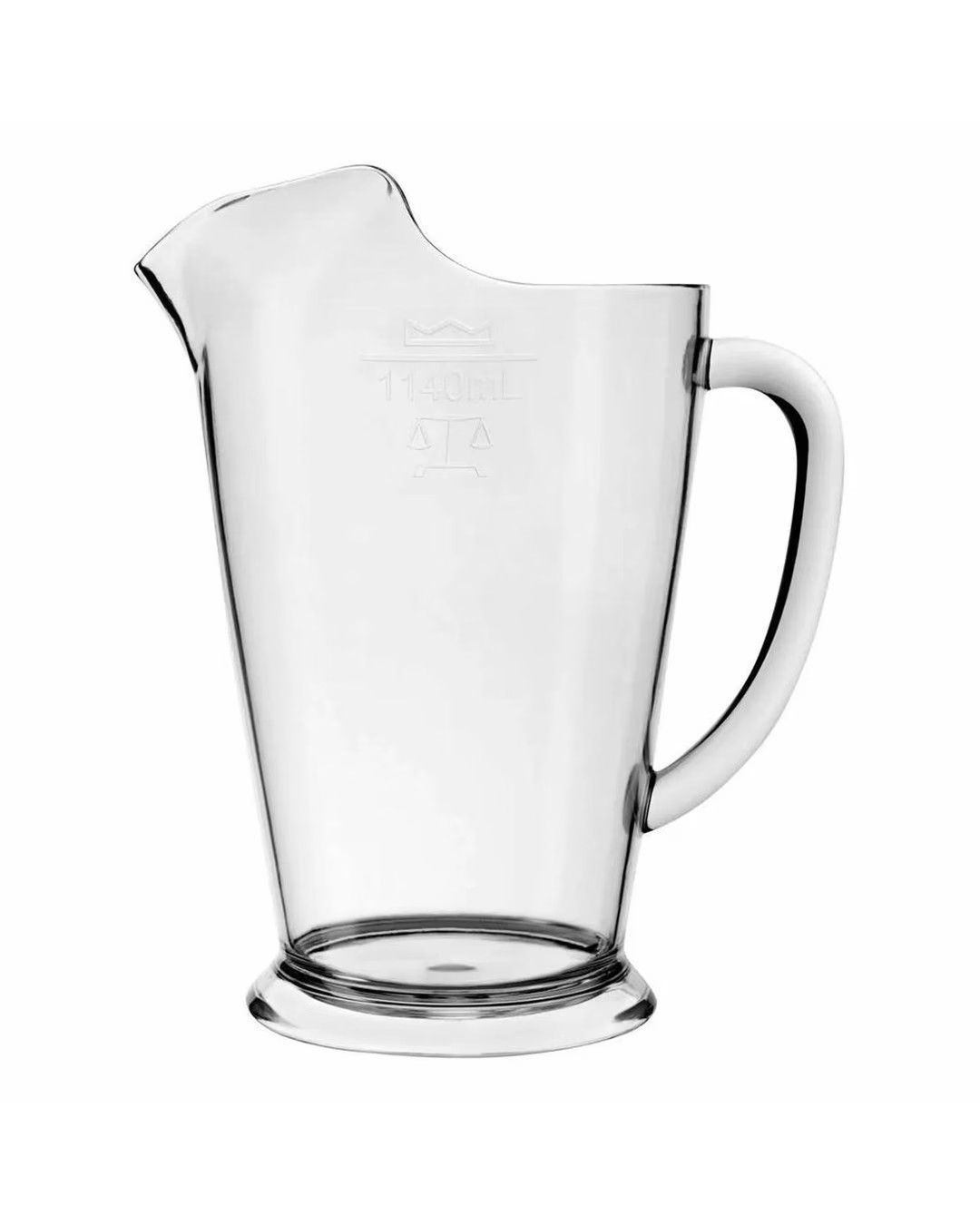 A clear plastic pitcher with a handle on a white background.