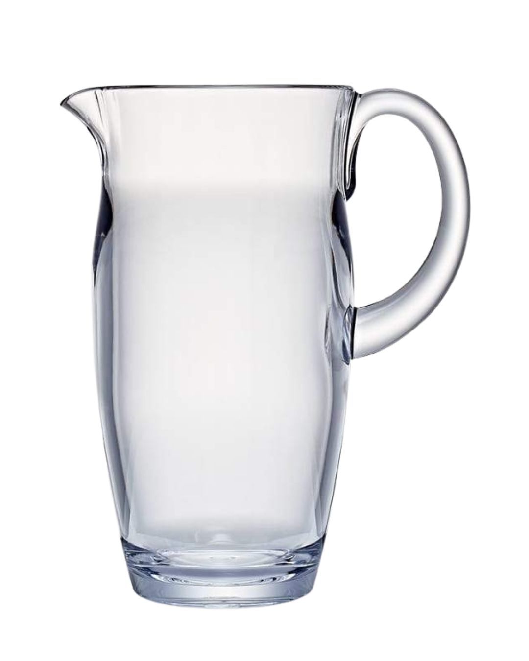 A clear glass pitcher with a handle on a white background.