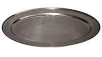 A stainless steel plate with a black rim on a white background.