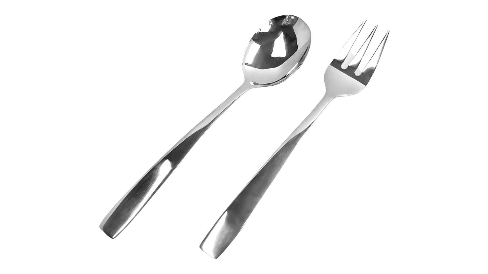 A spoon and fork on a white background.