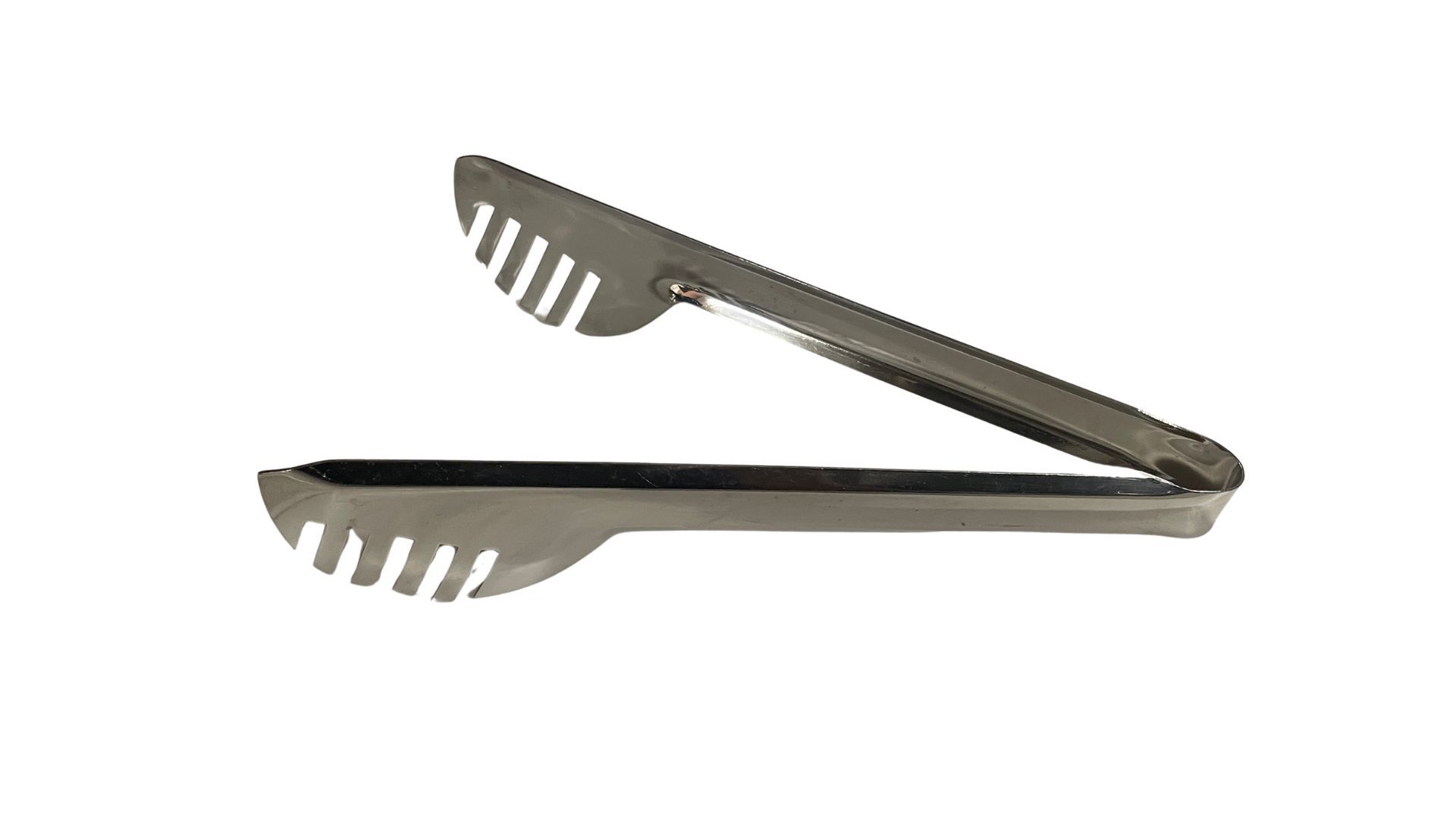 A pair of tongs made of stainless steel and plastic on a white background.