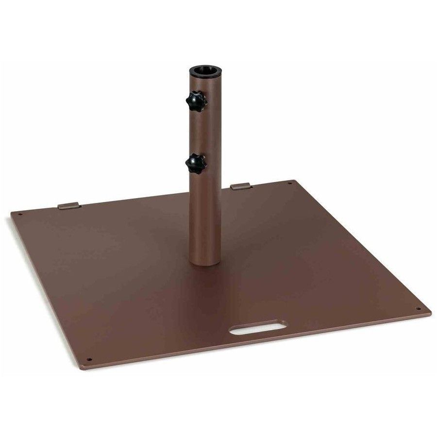 A Brown, Steel, Market Umbrella Base Plate on a white background