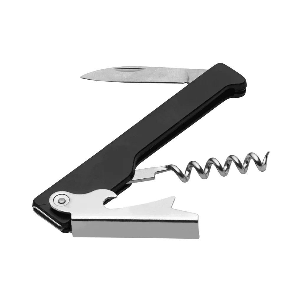 A close up of a black corkscrew on a white background.