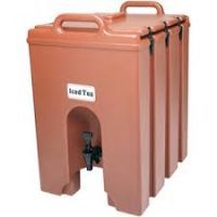 A brown plastic container with a handle and a tap.
