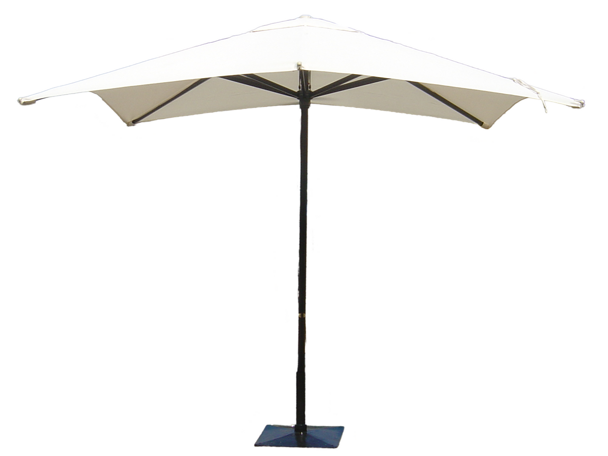 A Natural coloured 3m Square umbrella with a black pole on a white background.