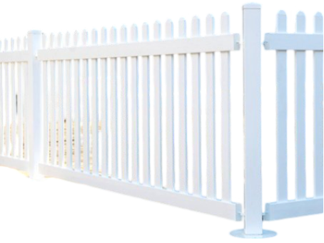 A white PVC picket fence on a white background.