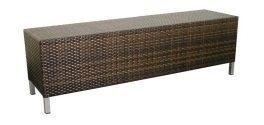 A long wicker bench with metal legs on a white background.