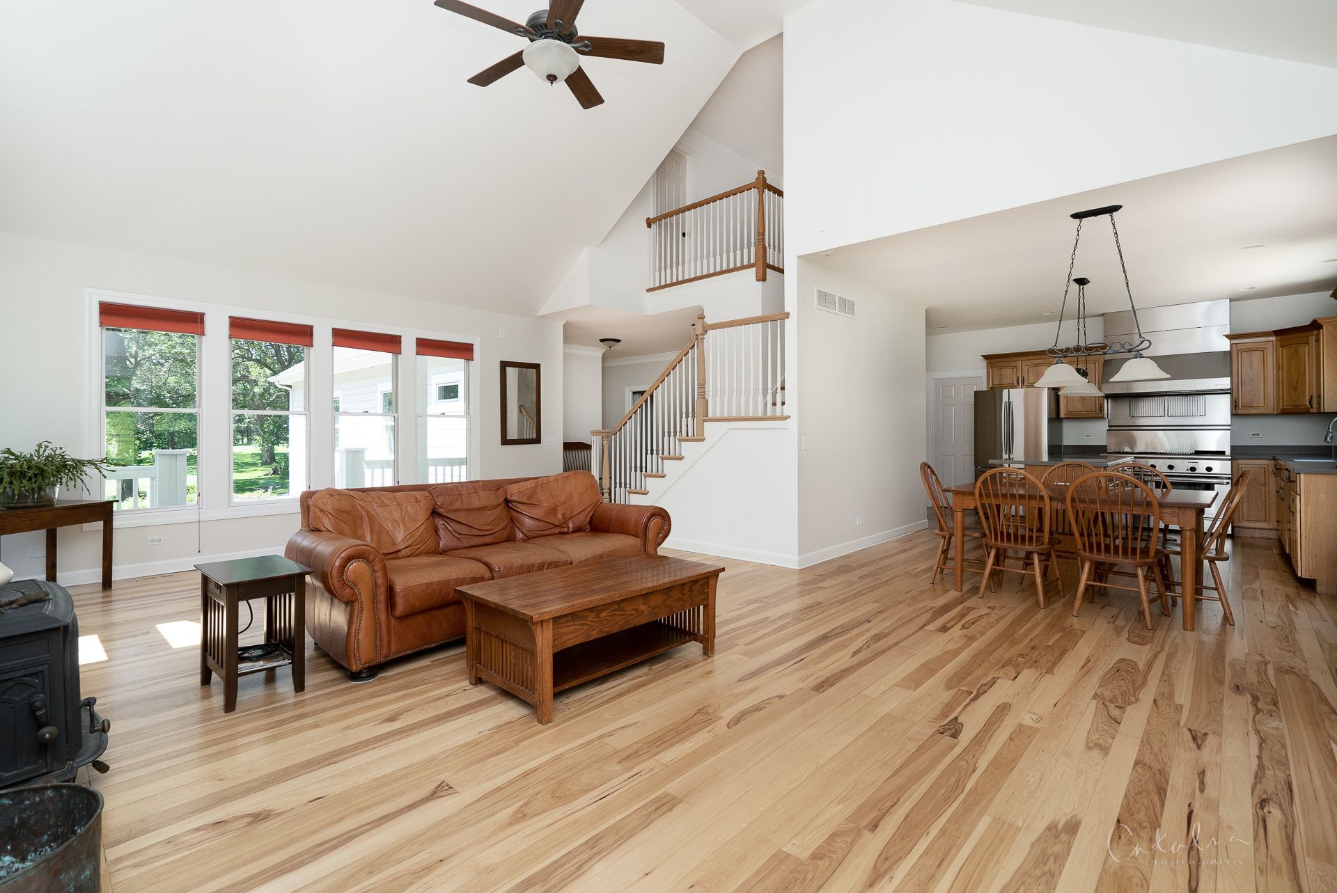 Interior photo os open concept family room, dining roon, kitchen, sold by Cat Cusimano in Marengo, Illinois