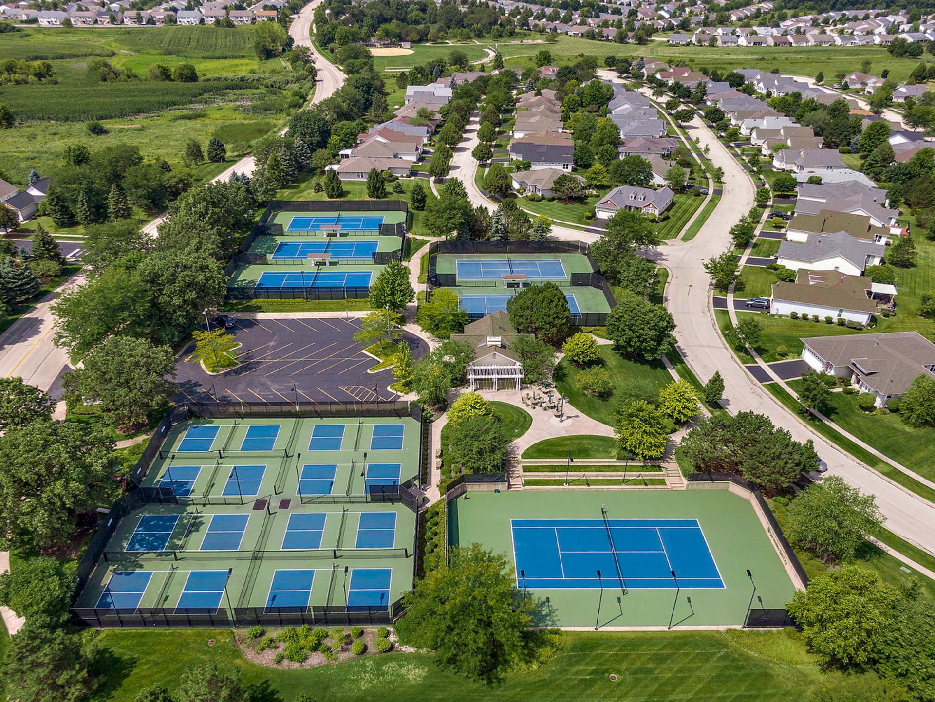 Sun City Del Webb in Huntley Illinois aerial views of pickleball courts