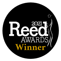 Reed Awards 2021 Winner badge: black circle, white text 