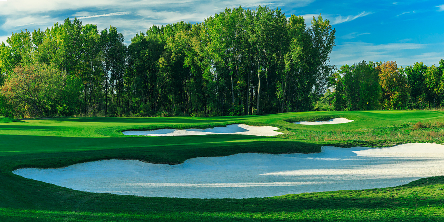 A golf course with a bunch of bunkers and trees in the background.