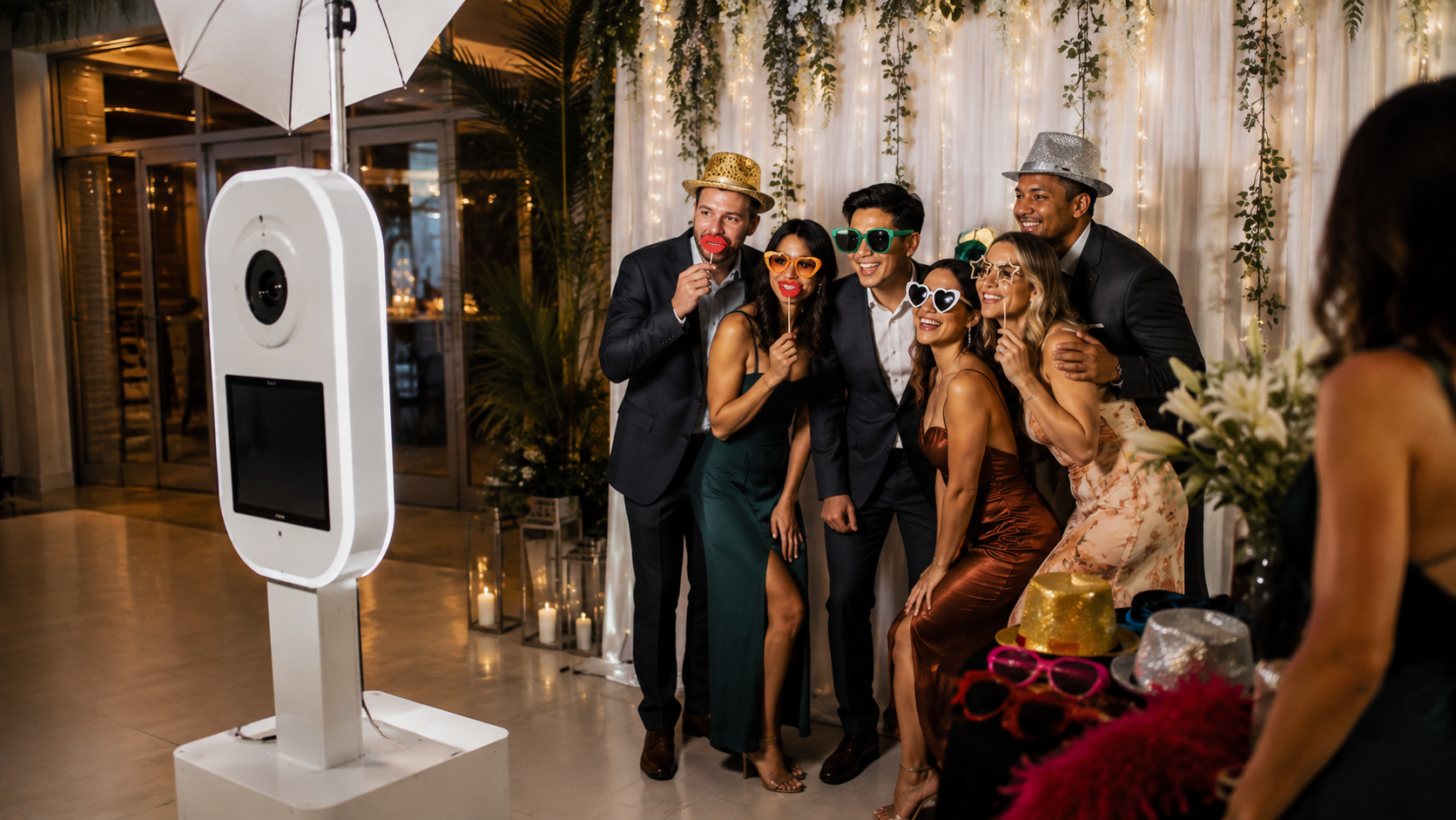 Group posing for a photo beside a white photo booth at a decorated event