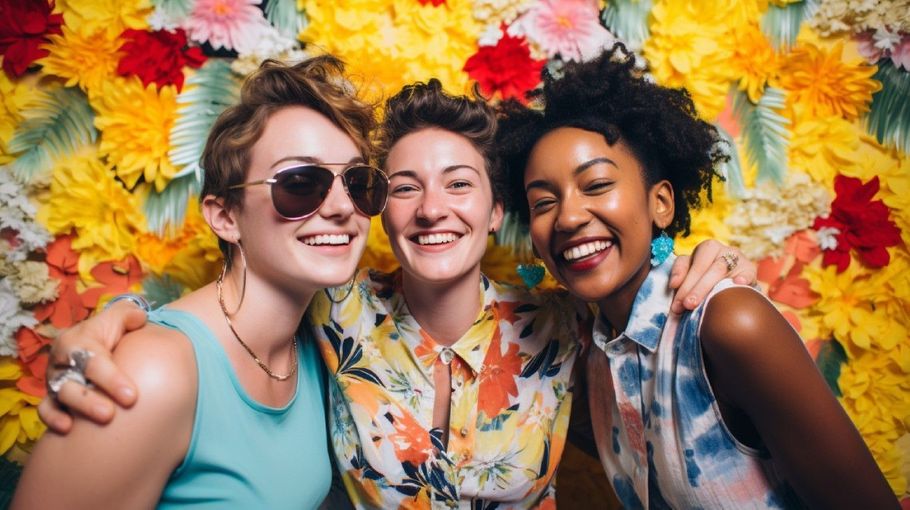 Three smiling friends posing in front of a colorful floral backdrop