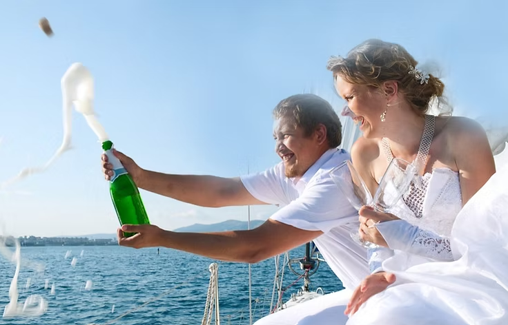 A bride and groom on a boat toasting with champagne