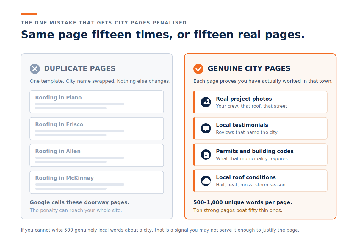 Duplicate doorway pages compared with genuine roofing city landing pages containing local project photos, testimonials, permits and roof conditions