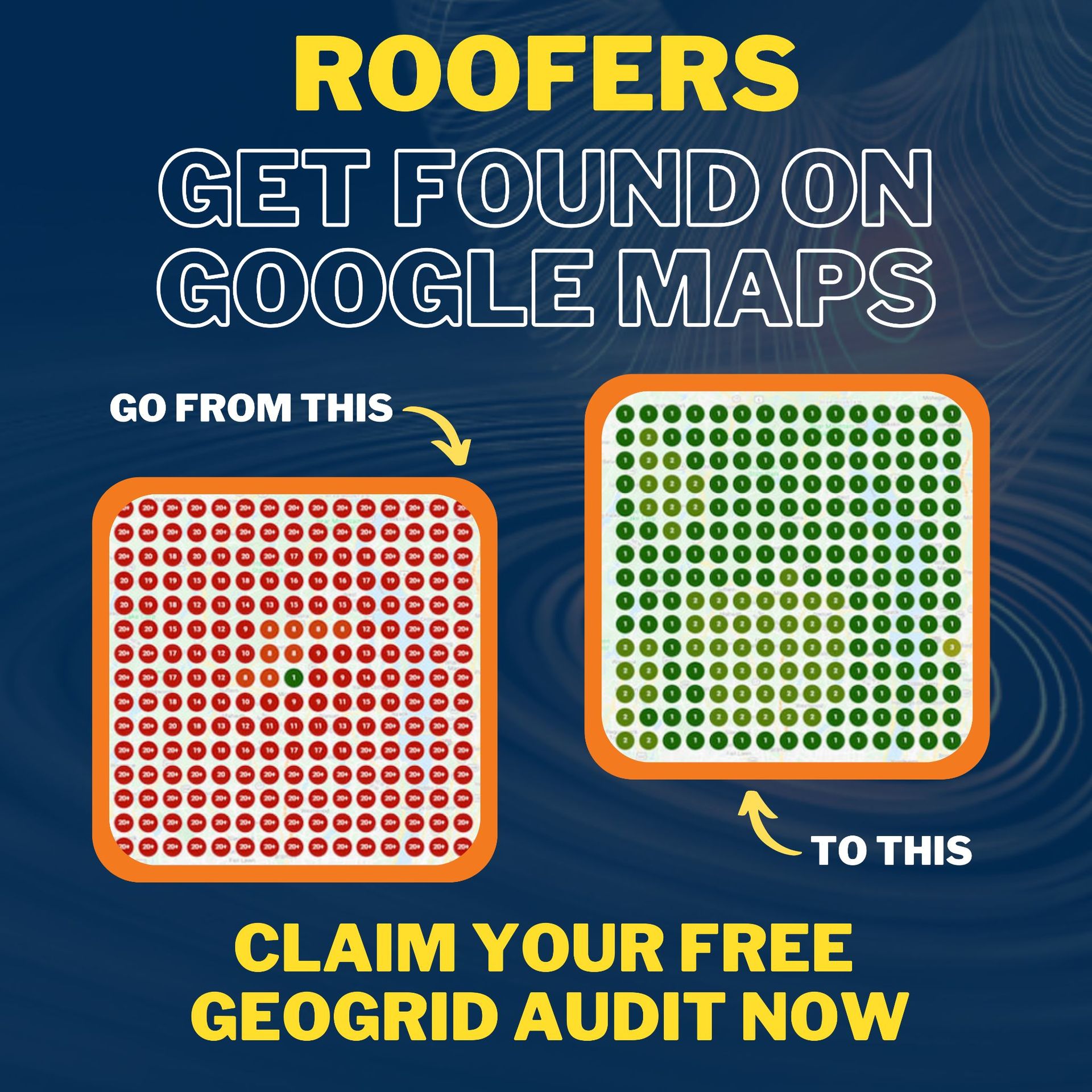 Roofers ad: “Get found on Google Maps,” showing a red to green map listing change and “Claim your free Google audit now”