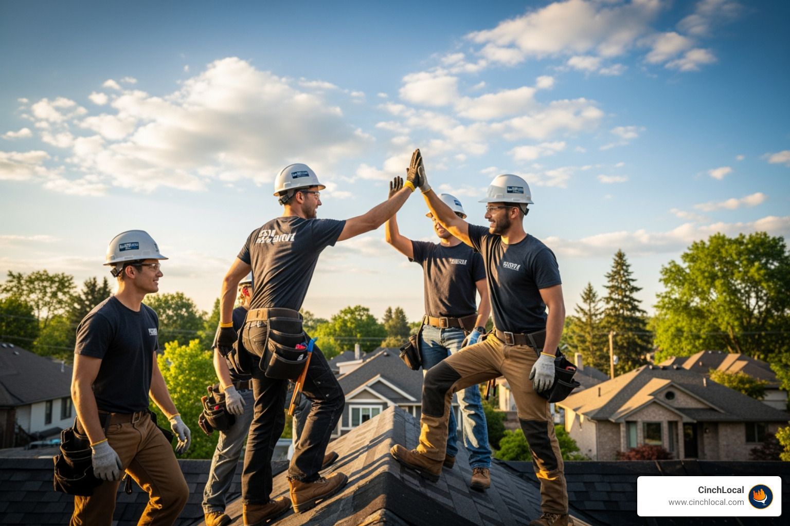 Roofers in hard hats high-five on a rooftop at sunset, with suburban houses and blue sky behind them