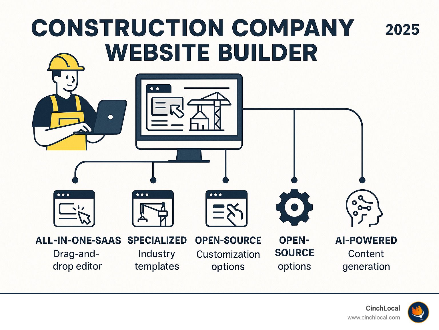 Infographic showing construction website builder selection process with four main categories: All-in-One SaaS platforms with drag-and-drop editors, Specialized Construction builders with industry templates and lead capture forms, Open-Source CMS options with maximum customization, and AI-Powered solutions with automated content generation - construction company website builder infographic 