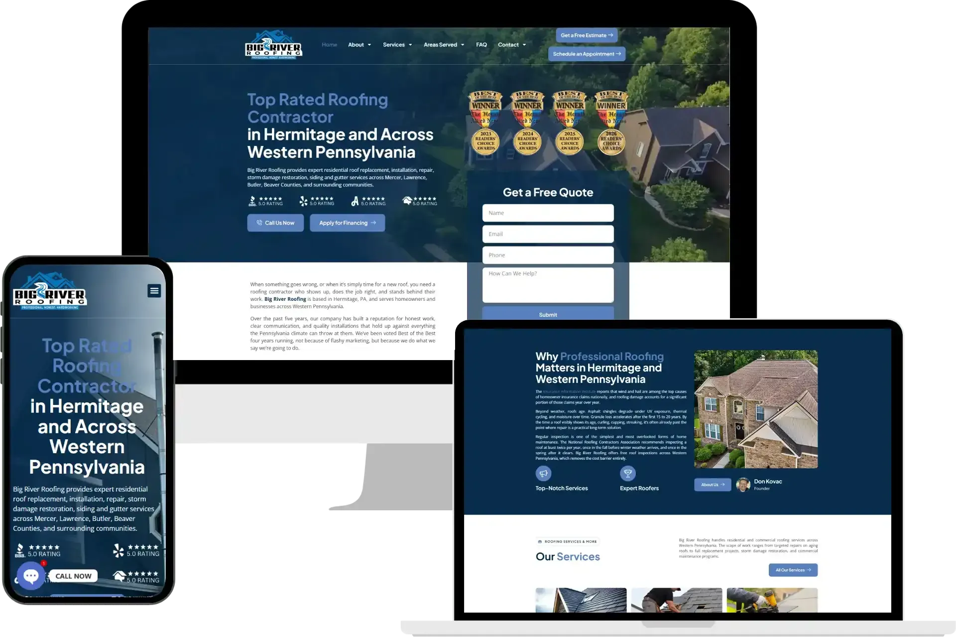 Big River Roofing's roofing website showing storm damage and roof repair service pages