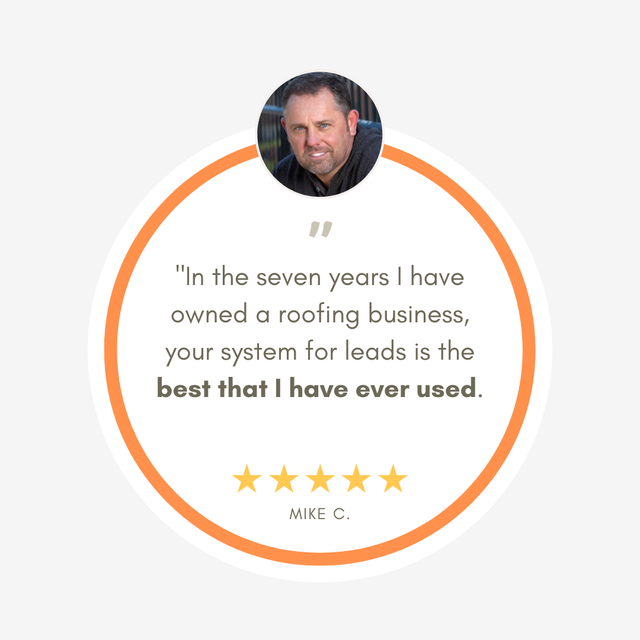 Customer testimonial badge with a man’s photo, orange border, five stars, and quote about owning a roofing business.