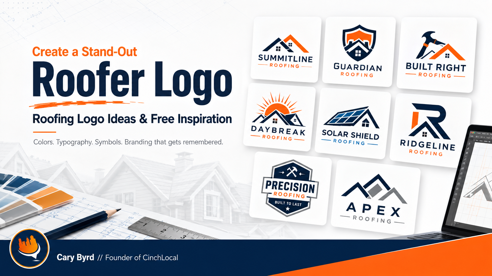 Collage of eight roofing company logo concepts in gray, purple, yellow, black, white, and orange.