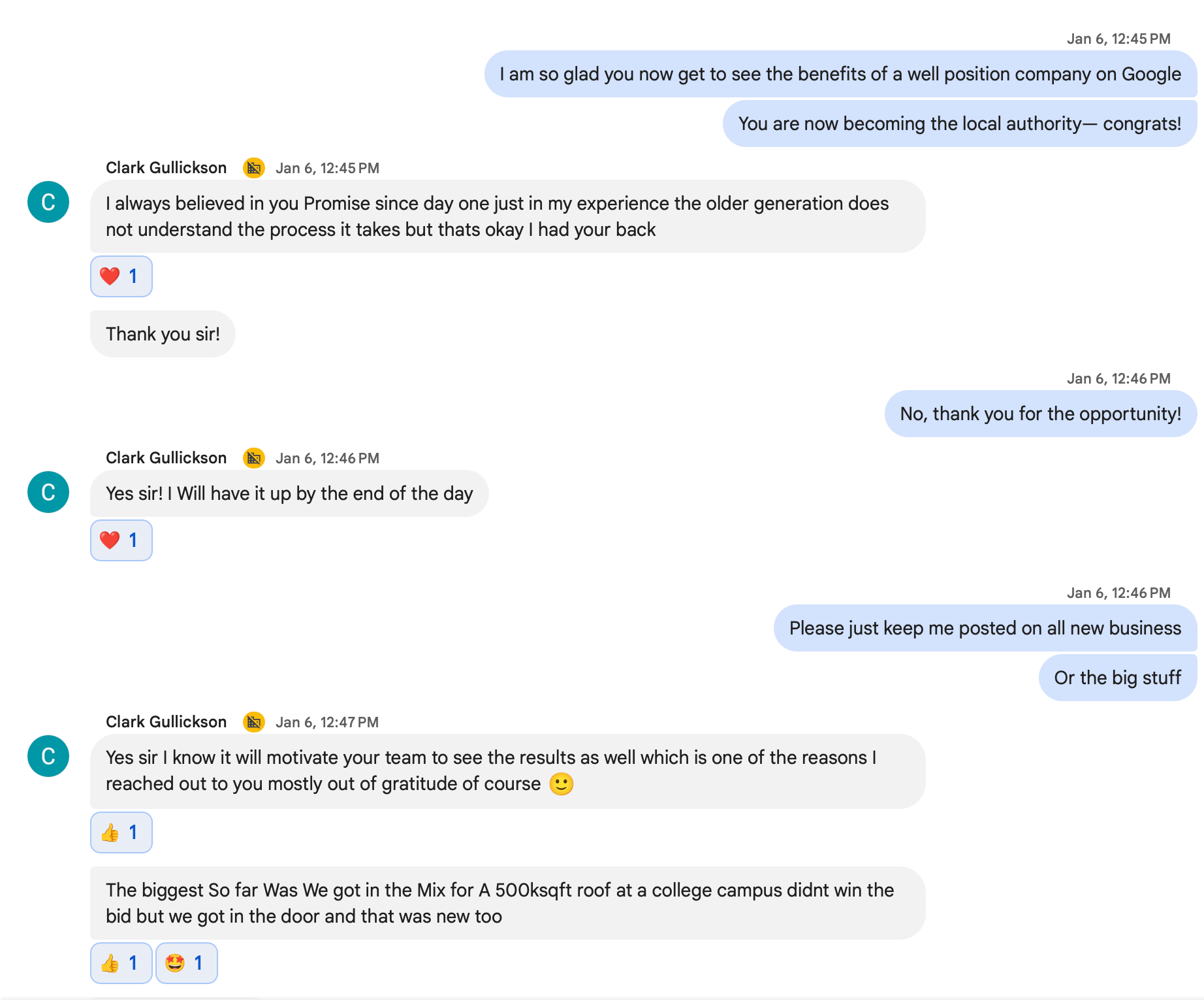 Blurry chat conversation screenshot with blue and gray message bubbles on a white background