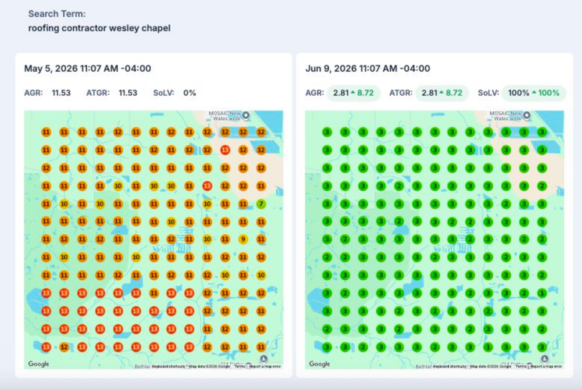 GeoGrid report showing Thunder Bay Roofing Solutions ranking in Google Maps 3-Pack across service area
