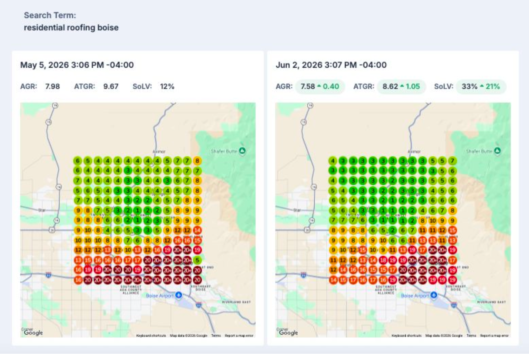 Two side-by-side map charts with green-to-red grid heatmaps over a city map background.