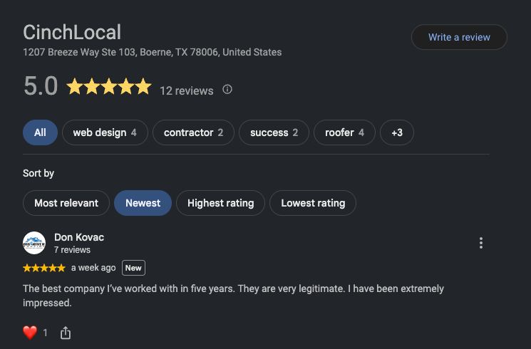 Five-star Google review of CinchLocal from Don Kovac, owner of Big River Roofing, calling the company legitimate and impressive.