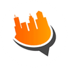 Orange stylized city skyline inside a dark gray speech bubble icon