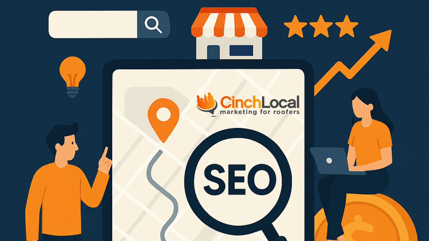 SEO marketing graphic with search bar, local shop icon, charts, and people around a clinic local logo