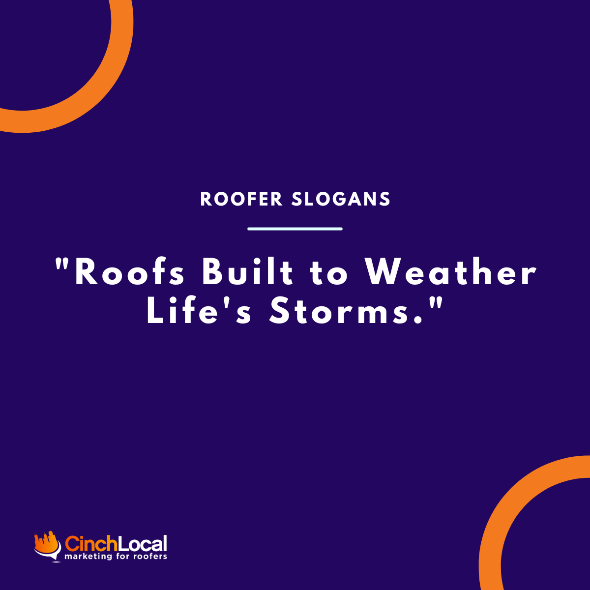 Purple ad with orange accents and roof slogan: “Roofs Built to Weather Life’s Storms.”