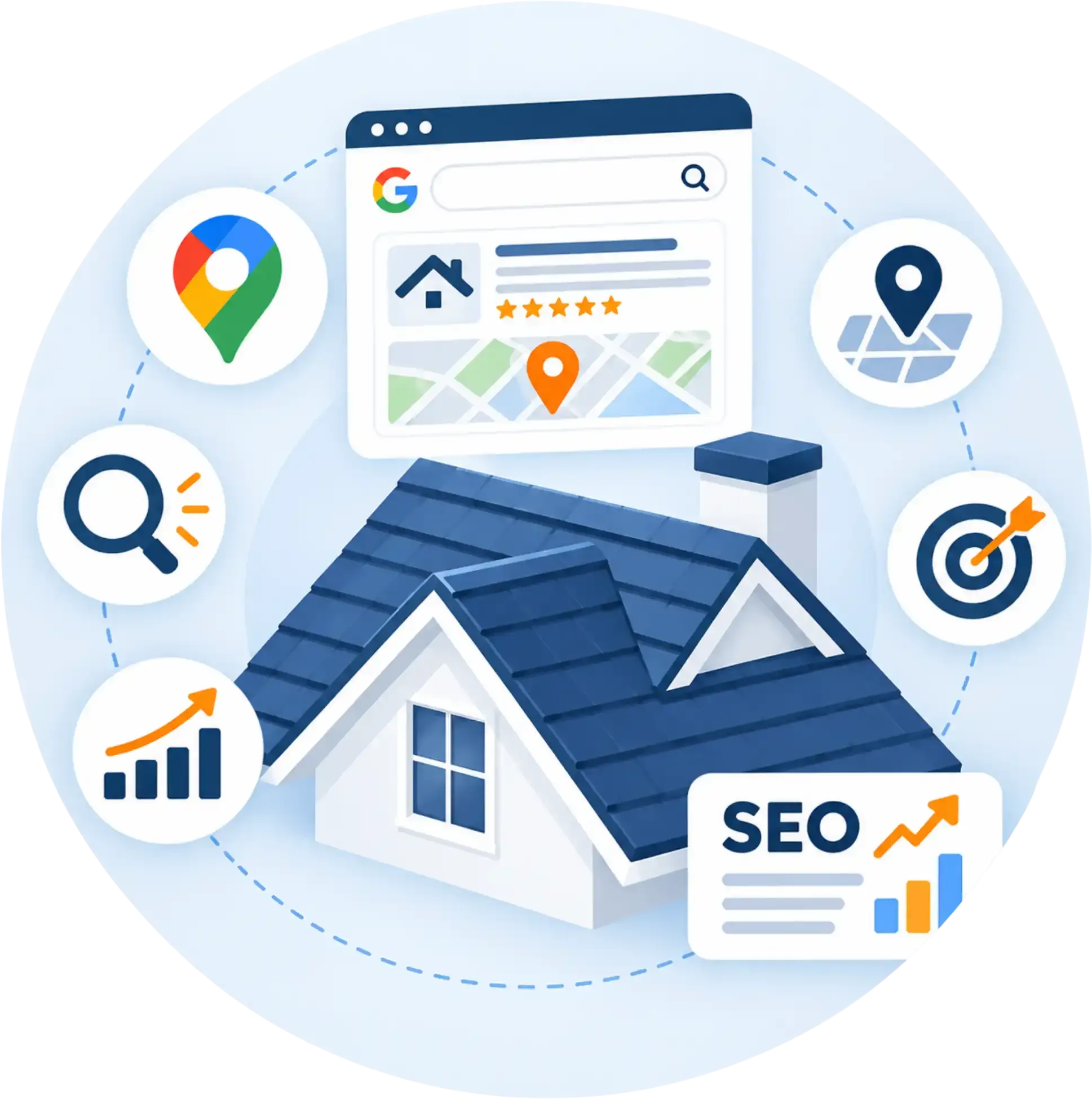 Roofing SEO — a roof with a rising rankings graph, Google Maps pin, five-star review listing and a search bullseye