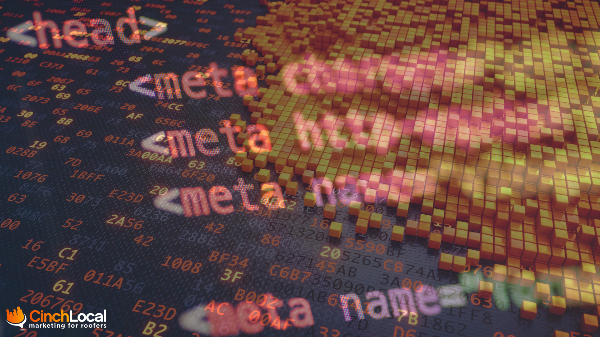 Abstract code background with HTML tags like head and meta name in pink and gold tones